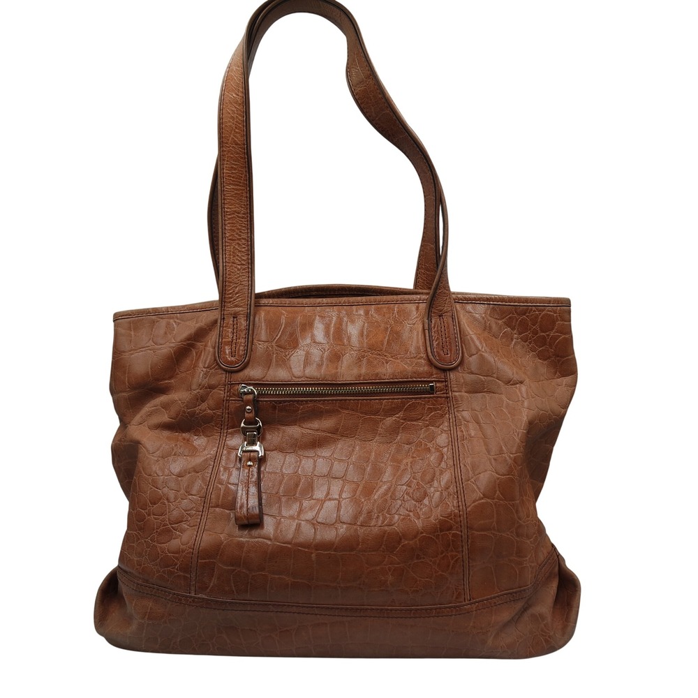 B Makowsky Genuine Leather Brown Croc Embossed Tote Bag Footed Base Leopard